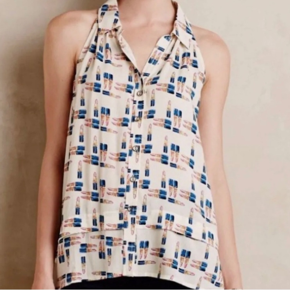 Anthropologie Maeve Lipstick Patterned Sleeveless Blouse Size 6